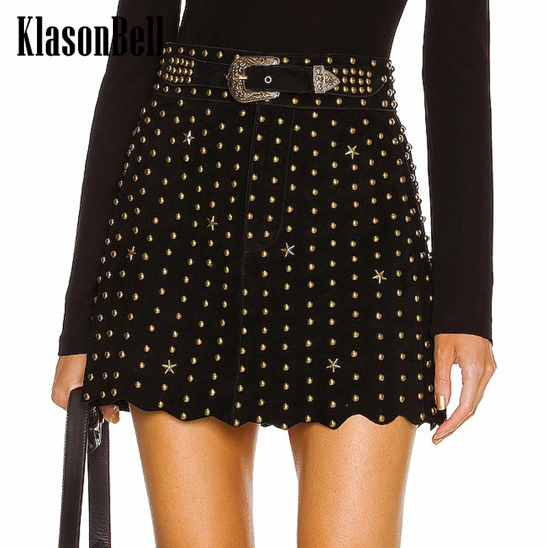 

3.14 KlasonBell Vintage Fashion Star Rivet Wave Hem Decoration With Lining Black All-match Velvet Mini Skirt Women Beltless