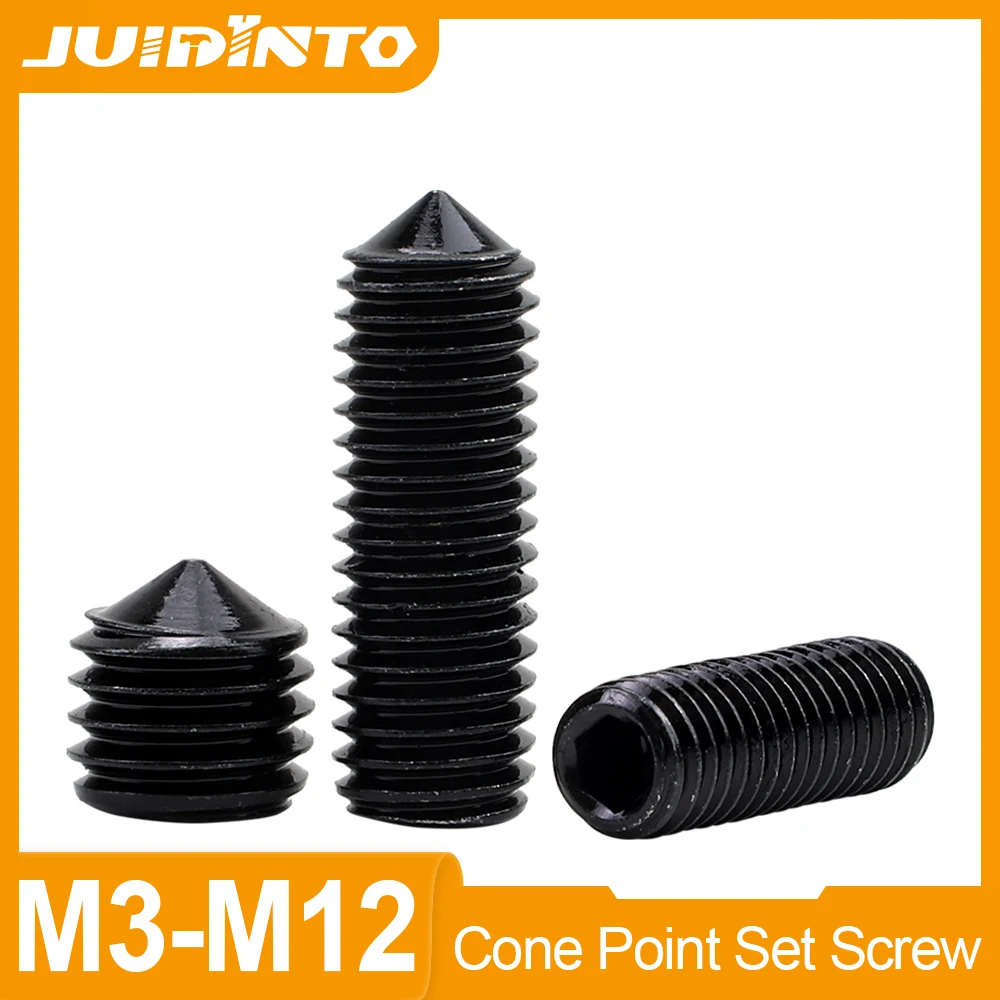 JUIDINTO 2-100pcs Allen Head Hex Socket Cone Point Set Screw M3 M4 M5 M6 M8 M10 M12 Carbon Steel Tip Point Headless Set Screw