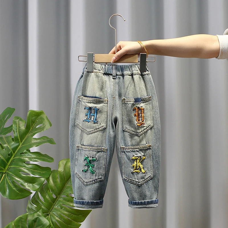 

Джинсы для мальчиков с широкими штанинами, весна-осень, свободные, модные, прямые, с высокой талией, из смесового хлопка и полиэстера