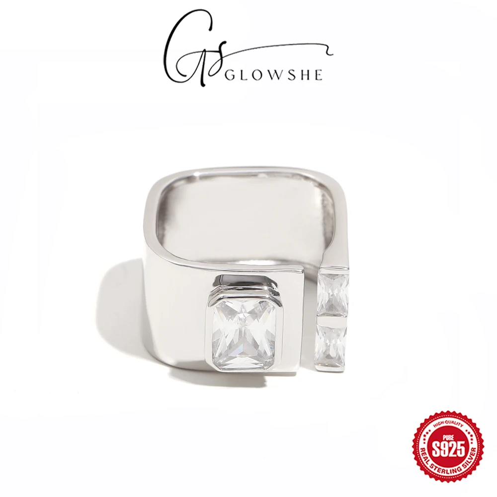 

Glowshe 100% 925 Sterling Silver Square Zircon Adjustable Ring Party Low Allergy Fine Jewelry Women's Charm High Quality Gift