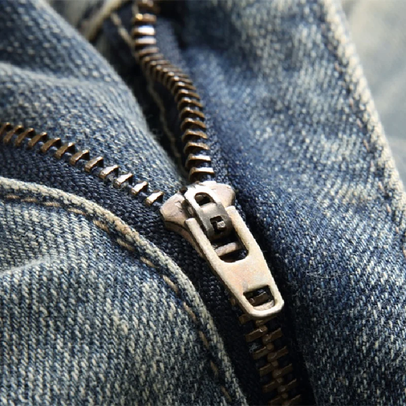 Ripped Jeans Men's Motorcycle Style Street Trend American Retro Nostalgic Stretch Embroidery Slim Fit Straight Leg Trousers