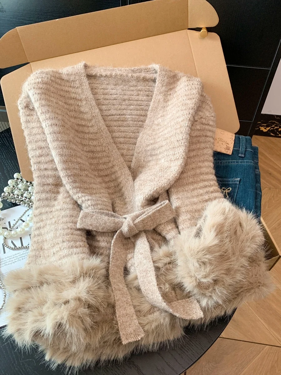 

Женский вязаный кардиган с меховыми вставками и V-образным вырезом, осенне-зимний жилет с поясом, модная верхняя одежда для повседневной носки, длинный...