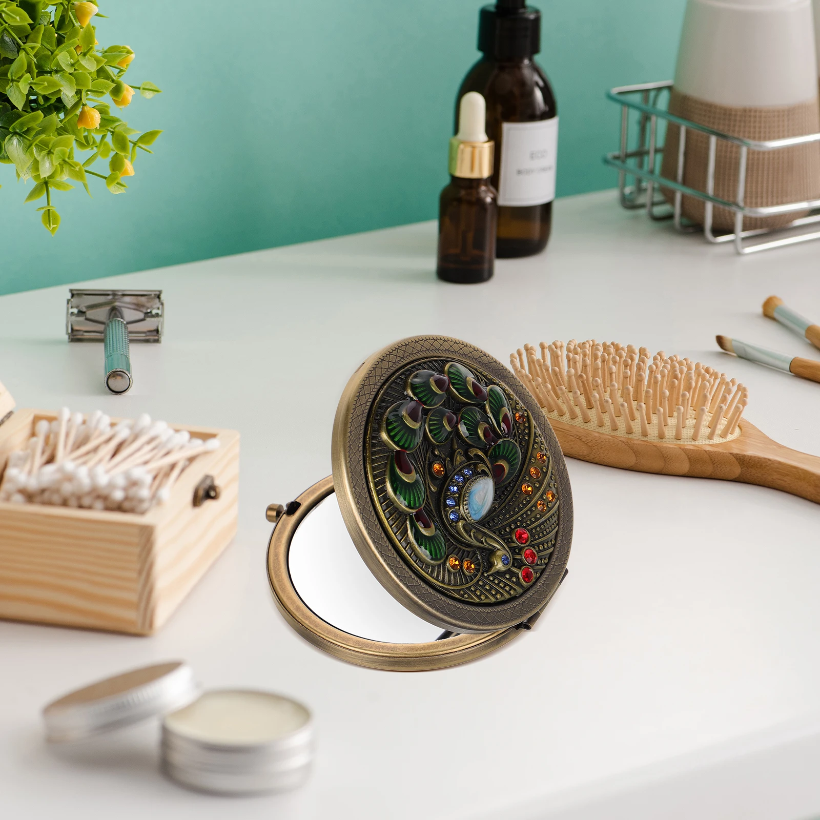 Mini Gold Peacock Vintage Round Mirror Metal Folding Compact for Women Portable Hand Mirror Small Purse Travel Daily