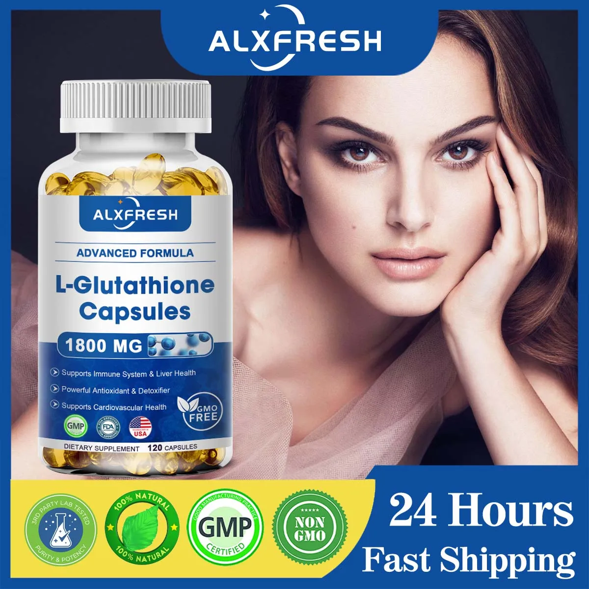 Alxfresh L-Glutathione 1800mg for Antioxidant, Kidney, Liver, Skin Health Support, Cleanse Detox, Nutrition Supplement