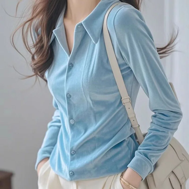 Biyaby Women\'s Plus Velvet Shirt Early Spring Casual Solid Color Slim Shirts Woman Single Breasted Lapel Long Sleeves Blouses