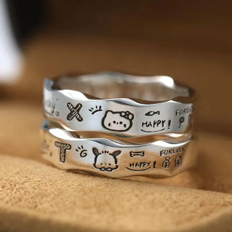 Kawaii Pochaccos HelloKittys Ring Minimalist Graffiti Wave Edge Ring Exquisite Fashion Couple Ring Friend's Birthday Gift