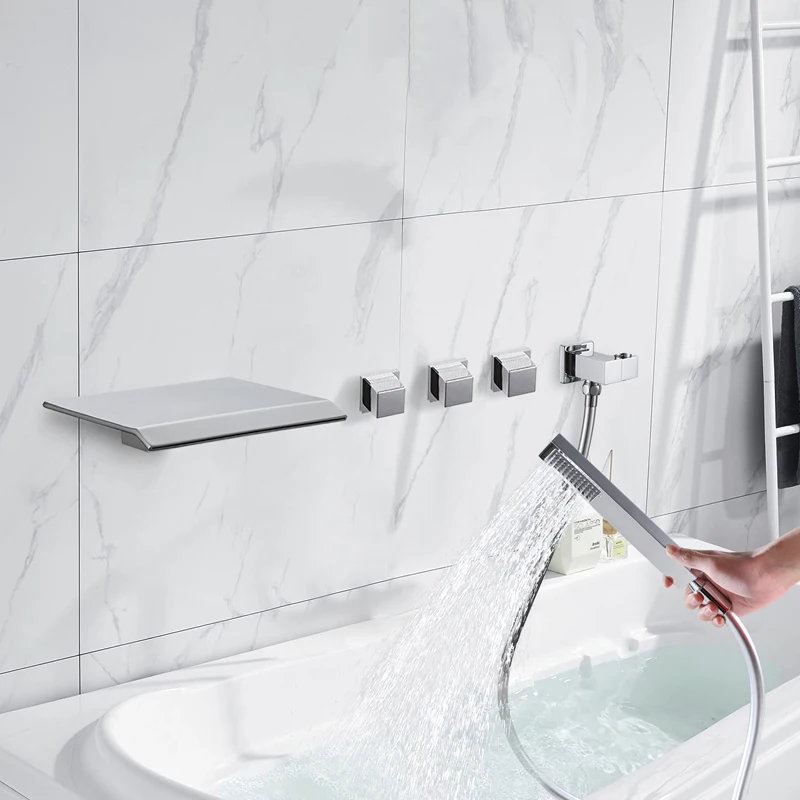 

Waterfall Tub Faucet Set Wall Mounted Bathtub Faucet with Handheld Shower 5 Hole Roman Waterfall Bath Tub Faucet Chrome