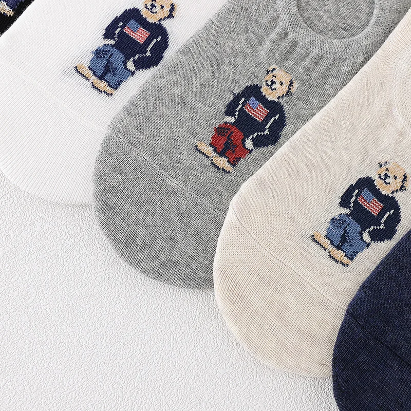 5 Pairs of 5 Colors Summer Cartoon Bear Thin Cotton Men's Invisible Light Breathable Sweat-absorbent Boat Socks Personality