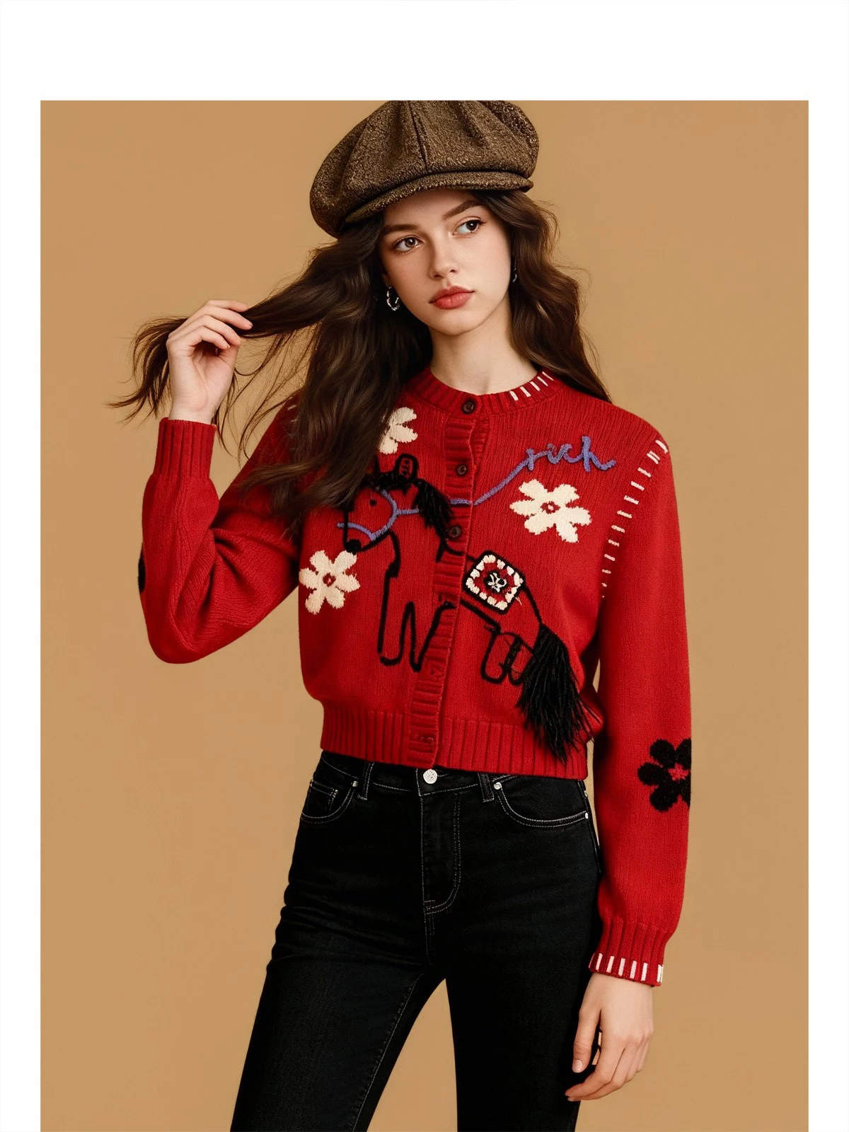 

Красный свитер Forever 2, вязаный длинный свек, круглый Ne Girl's Faion, осень-зима, новогодний, с рисунком животного