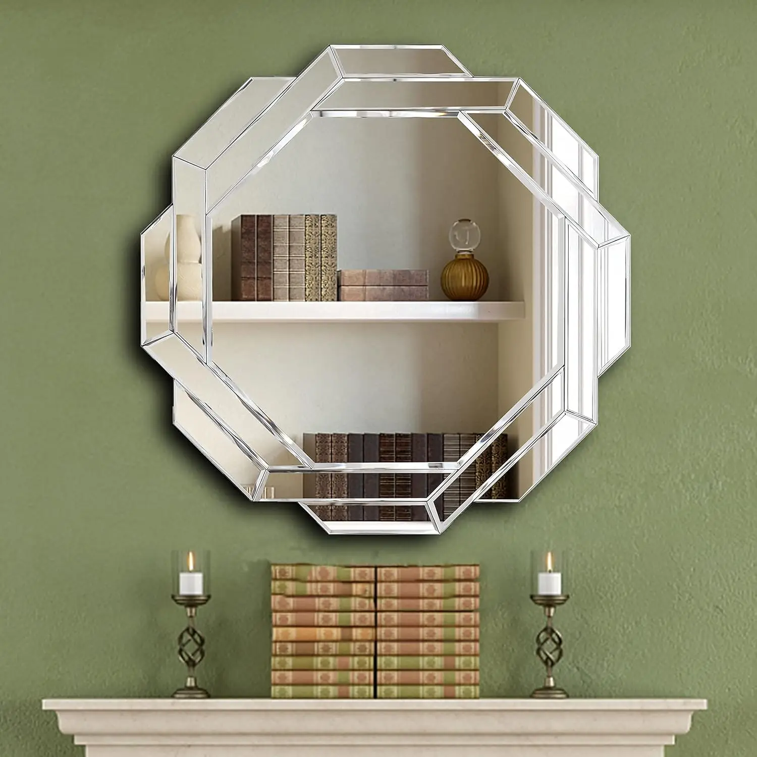 Hlartdecor Helicoid Frameless Beveled Wall Decorating Mirror (31.5X31.5inches). Silver Polished HFY Hexagon Decorative Mirror.