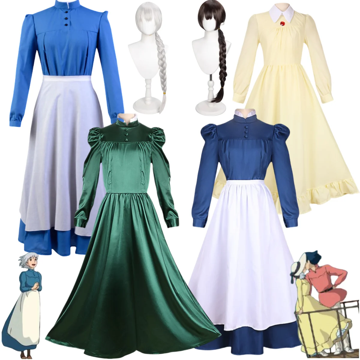 Japanese Anime Movie Howl Sophie Cosplay Costume Wig Blue Yellow Green Maid Dress Apron Woman Kawaii Daily Halloween Suit