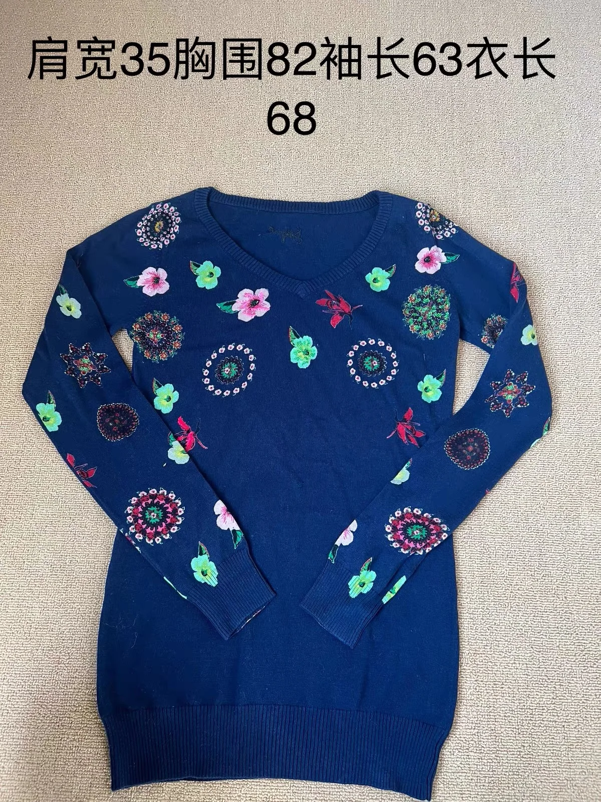 European, American, Spanish original single women's knitted sweater round neck elastic embroidery floral ethnic style top