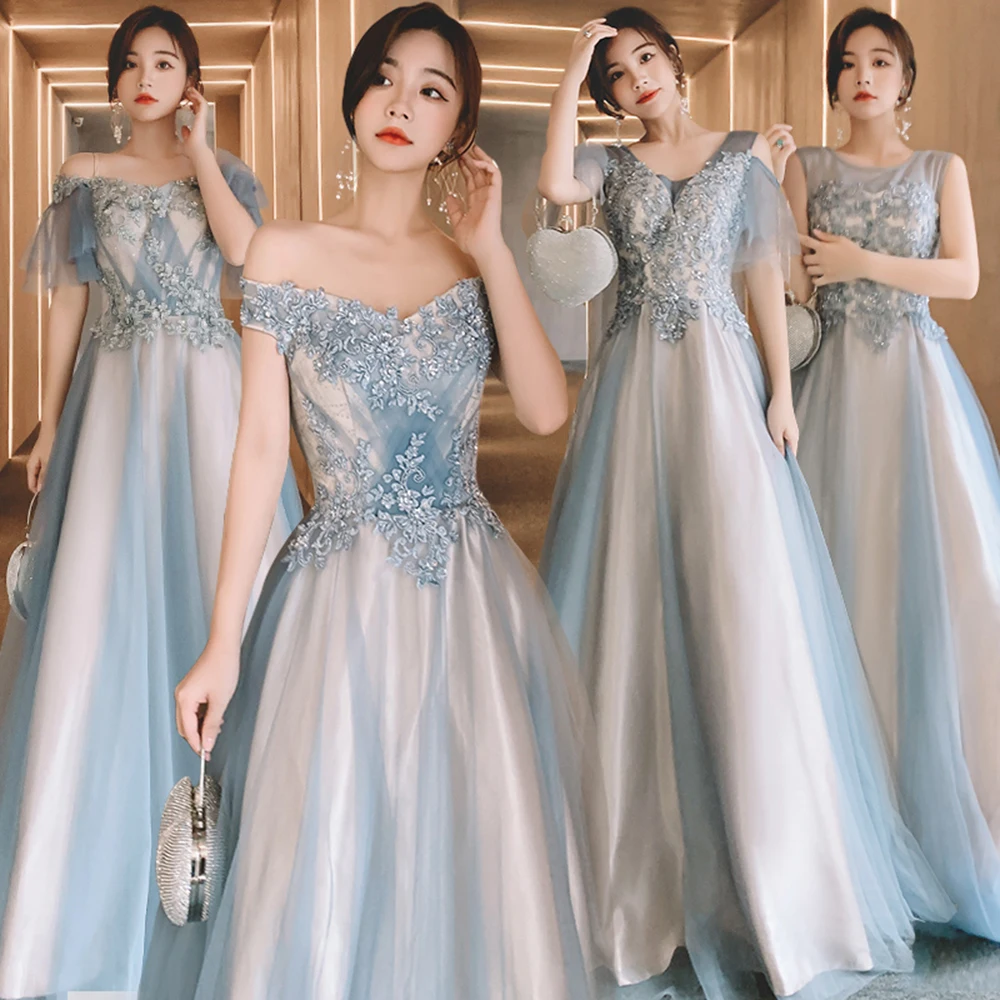 

Elegant Blue Bridesmaid Dress Women V-Neck Off The Shoulder Flower Appliques Prom Gown Floor Length A-Line Quinceanera Vestido