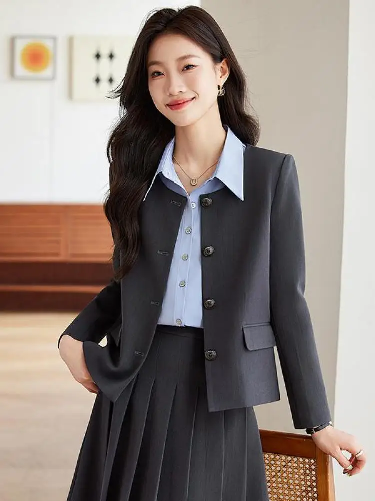 ฤดูใบไม้ผลิฤดูใบไม้ร่วงชุดผู้หญิงสีดําสีเทา Elegant รอบคอเดี่ยว Breasted Blazers Coat + เอวสูงจีบกระโปรง Midi 2 ชิ้นชุดใหม่