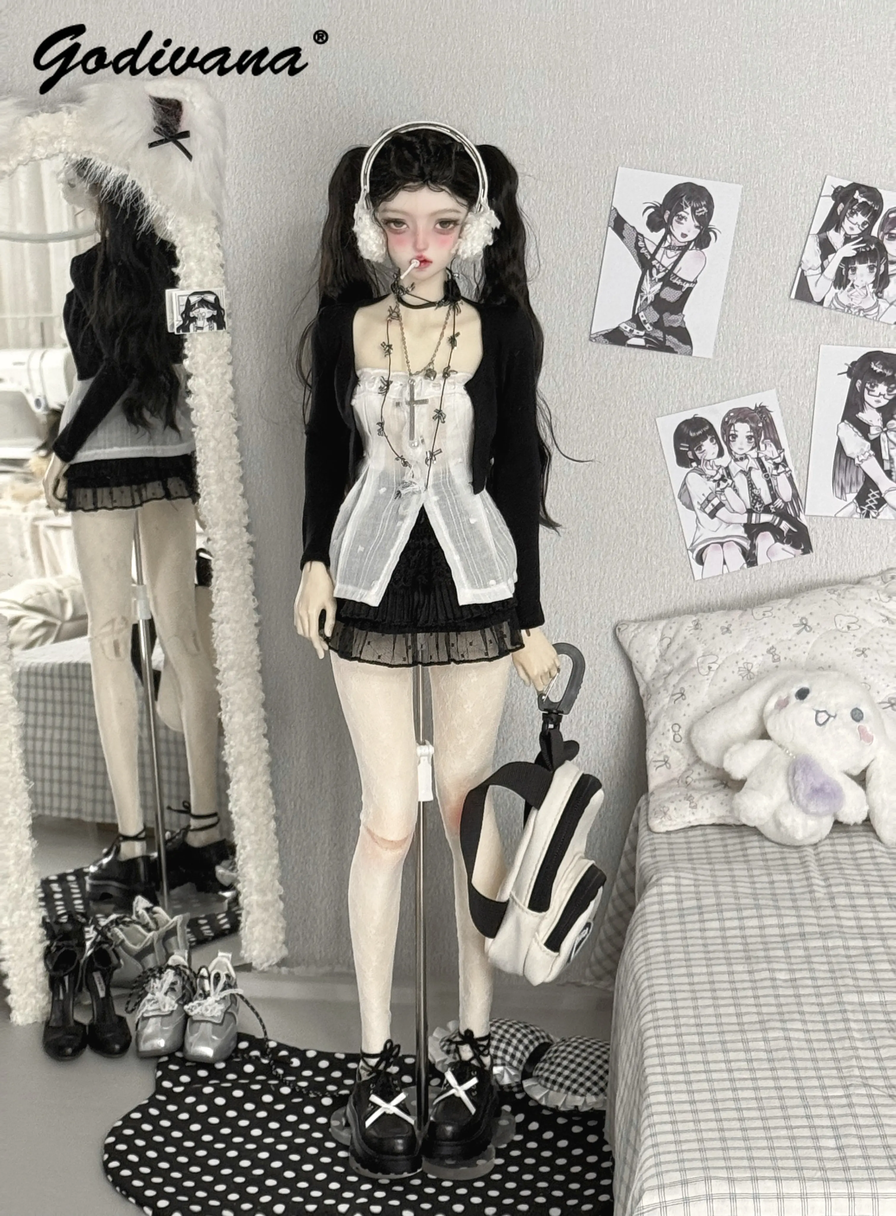 1/3 BJD Doll Outfit Dark Sweet Mine Style Set White Sheer Corset with Black Crop Cardigan Multi Layered Lace Skirt Doll Clothes