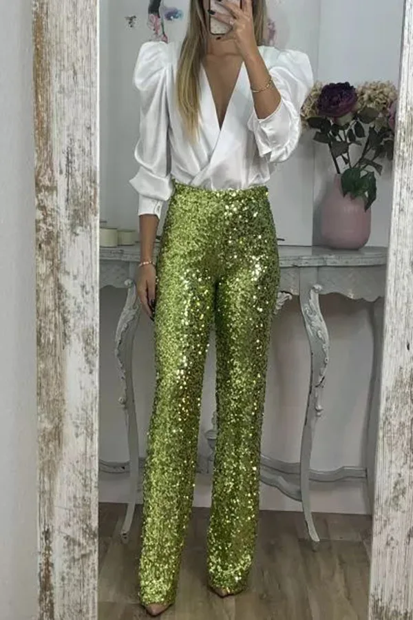Trendy Solid Color Sequin Pants Women Spring Summer New Fashion Slim Stretch Flared Trousers Female Temperament Commuting Outfit