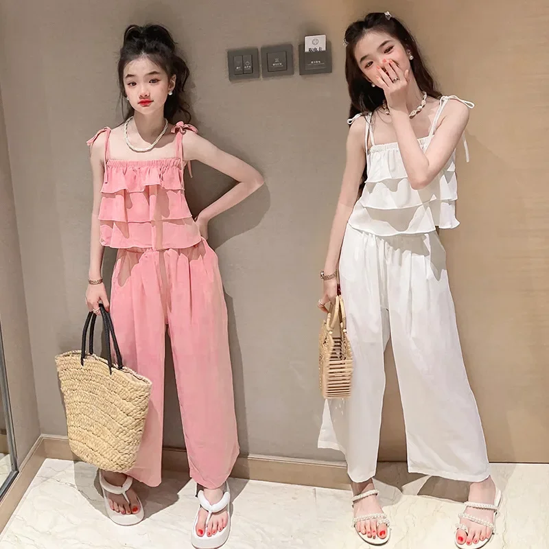 

Summer Teen Girls Clothing Sets Fashion Sling Tops + Pants 2Pcs Outfits Kids Birthday Party Princess Costume 5 6 8 10 12 13 Year