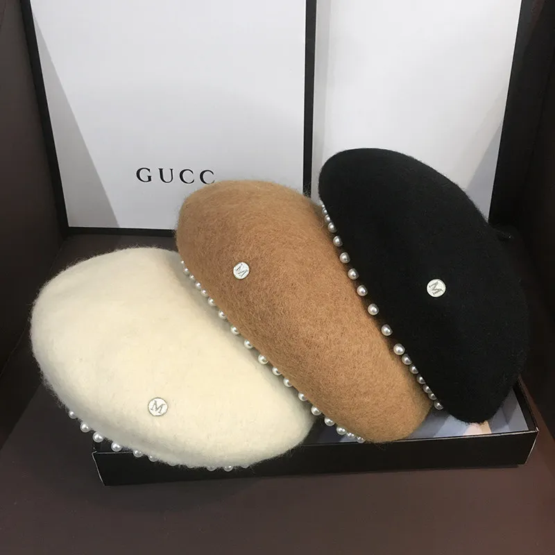 Exquisite Rhinestone Wool Beret for Women's Autumn Winter Solid Color Outdoor Painter Hat French Artist Hat  Elegant Cap