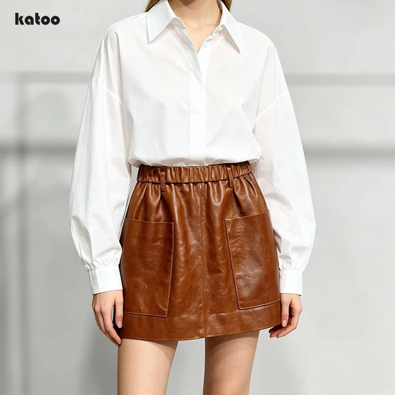 Genuine Leather Mini Skirt Fall Winter Women Elastic High Waist A-Line Casual Short Sheepskin Skirt with Front Pockets Harajuku