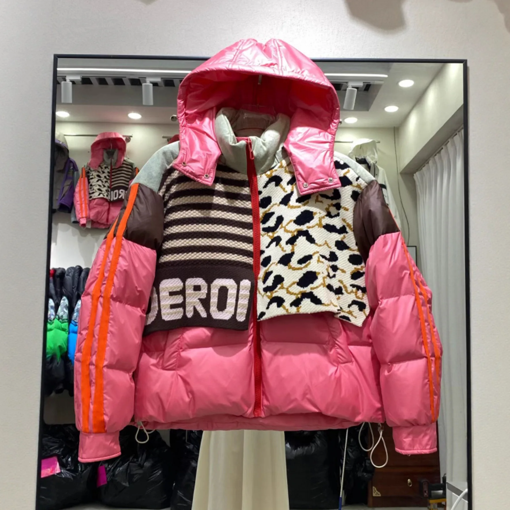 Short Down Jacket Women's Winter Denim Patchwork Knit Striped Parka Colorblock White Duck Down Thicken Bread Coat Outerwear