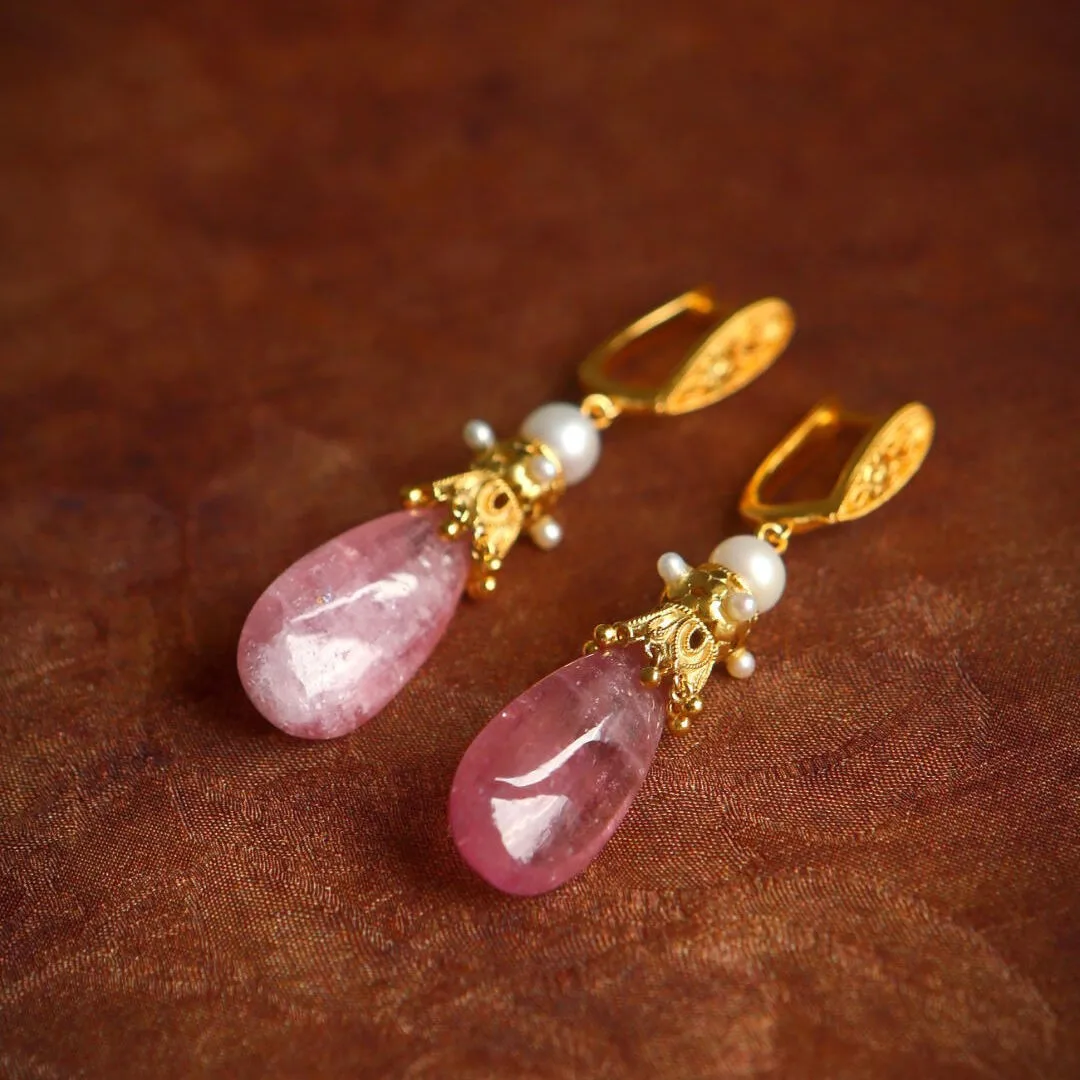 

9999 pure gold set with natural tourmaline water drop earrings 24K real gold fashion retro palace new Chinese style earrings