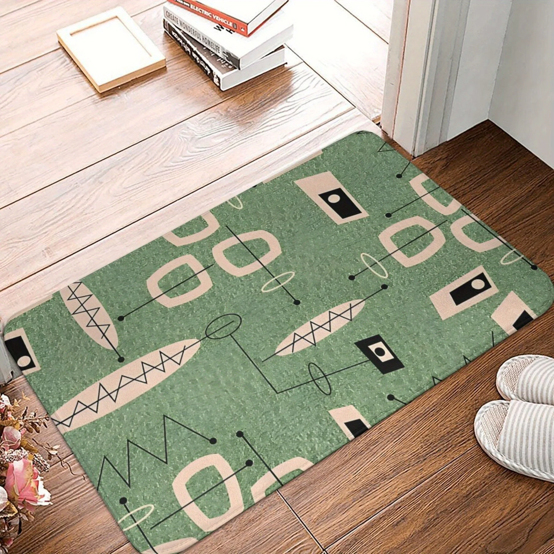 1pc Flannel Floor Mat Holiday Gift, 1pc Mid-Century Modern Green Abstract Bath Mat Door Mat Living Room Carpet Outdoor Carpet