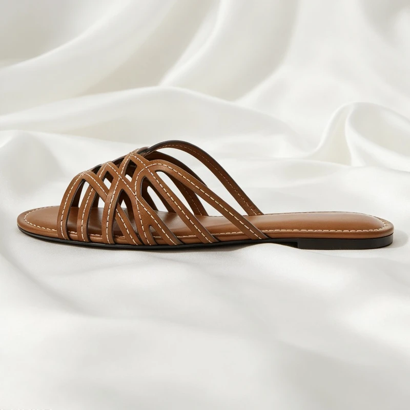Brown Hollow Cross Tied Flat Sandals for Women Unique Topstitching Detail Designer Shoes Summer Light Comfortable Women Shoes