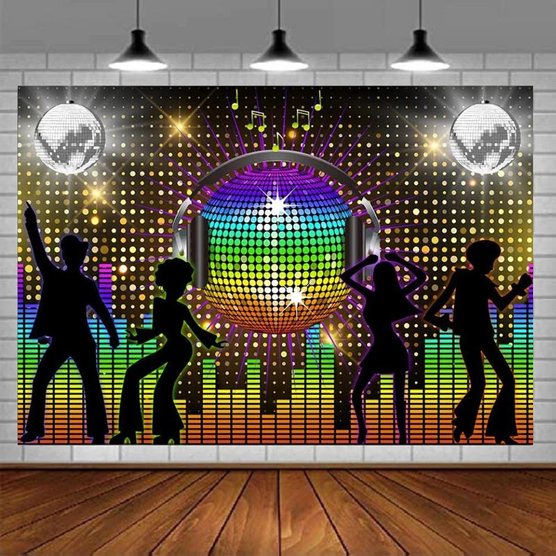 Vintage 70s Prom Ball Photography Backdrop Colorful Neon Dancer Night Music Headset Dessert Table Banner Background Decoration