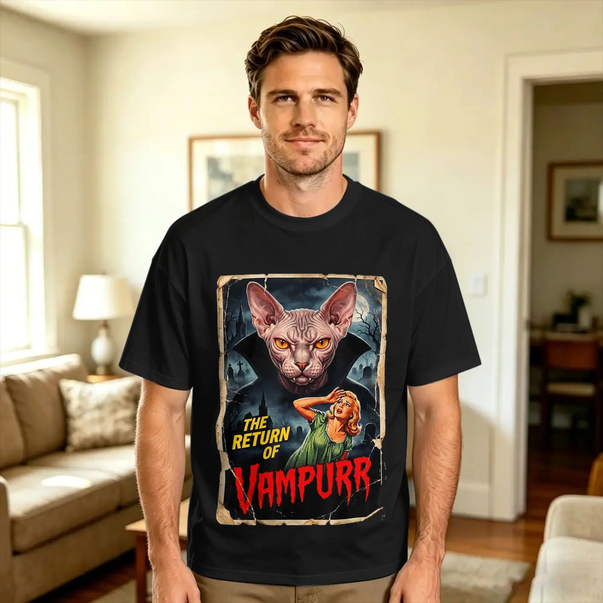 Mens T Shirt The Return of Vampurr Sphynx Cat Horror Movie T-Shirts Hip Hop  Beach Tee Shirt Classic Cotton Tops Birthday Gift