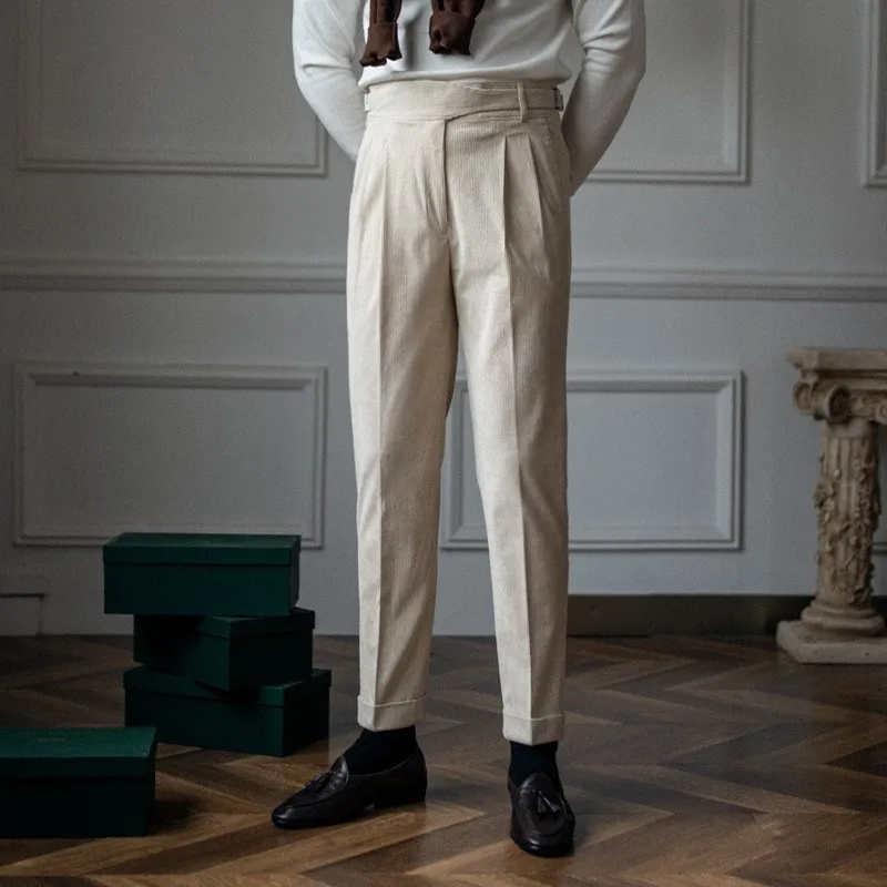 KIDWHXR Man Suit Pants Autumn Winter Simple Solid Pleated Men Straight-leg Pants Retro Mid Waist Business Casual Male Trousers