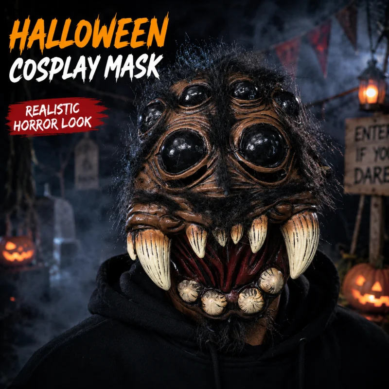 Halloween Horror Monster Mask Realistic Latex Full Face Mask with Multiple Eyes and Fangs Cosplay Prop