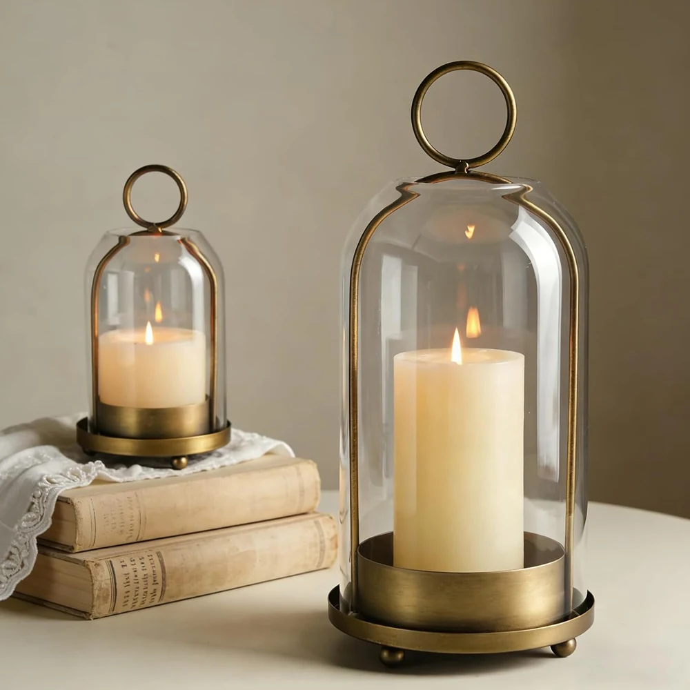 Wide Versatile Metal Candle Holder in Antique Brass with Handmade Thick, Heavy & Sturdy Glass Dome for Pillar Candle, Industrial