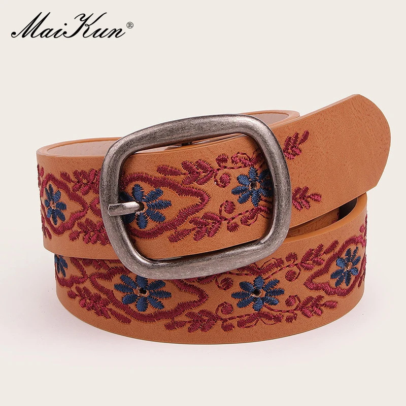 Maikun Vintage Women's Ethnic Embroidered Belt Floral Ladies Distressed Design Square Buckle PU Belt