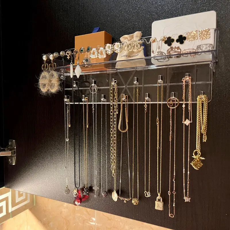 Hanging Necklace Storage Box Acrylic Punch-Free Wall Organizer For Jewelry Bracelet Ring Keys Holder Rack Save Space