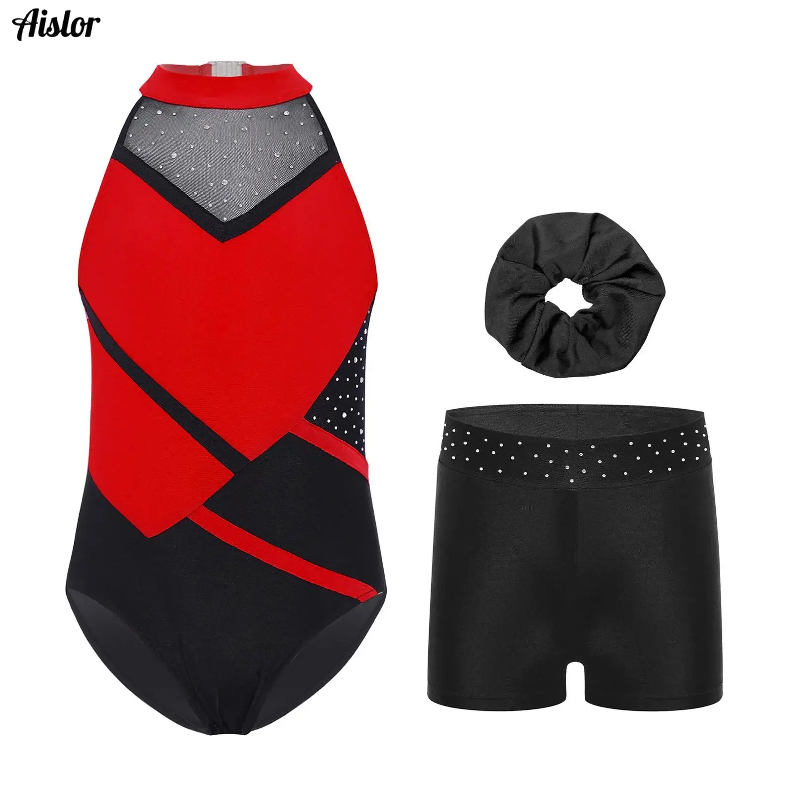 

Kids Girls Gymnastics Dance Performance Outfit Strappy Back Color Block Glittery Rhinestones Leotard withShorts and Hairband Set