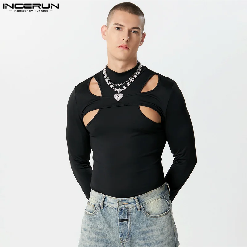 2023 Men T Shirt Solid Color Turtleneck Long Sleeve Streetwear Hollow Out Camisetas Fitness Fashion Irregular Tee Tops INCERUN