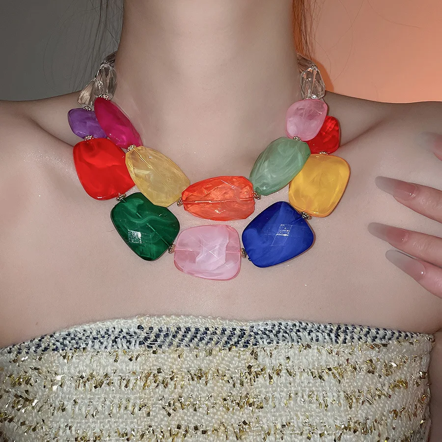 البوهيمي الاكريليك متعدد الطبقات المختنق القلائد للنساء غير النظامية الملونة عقد من اللؤلؤ مبالغ فيه اكسسوارات حفلات الزفاف F #2