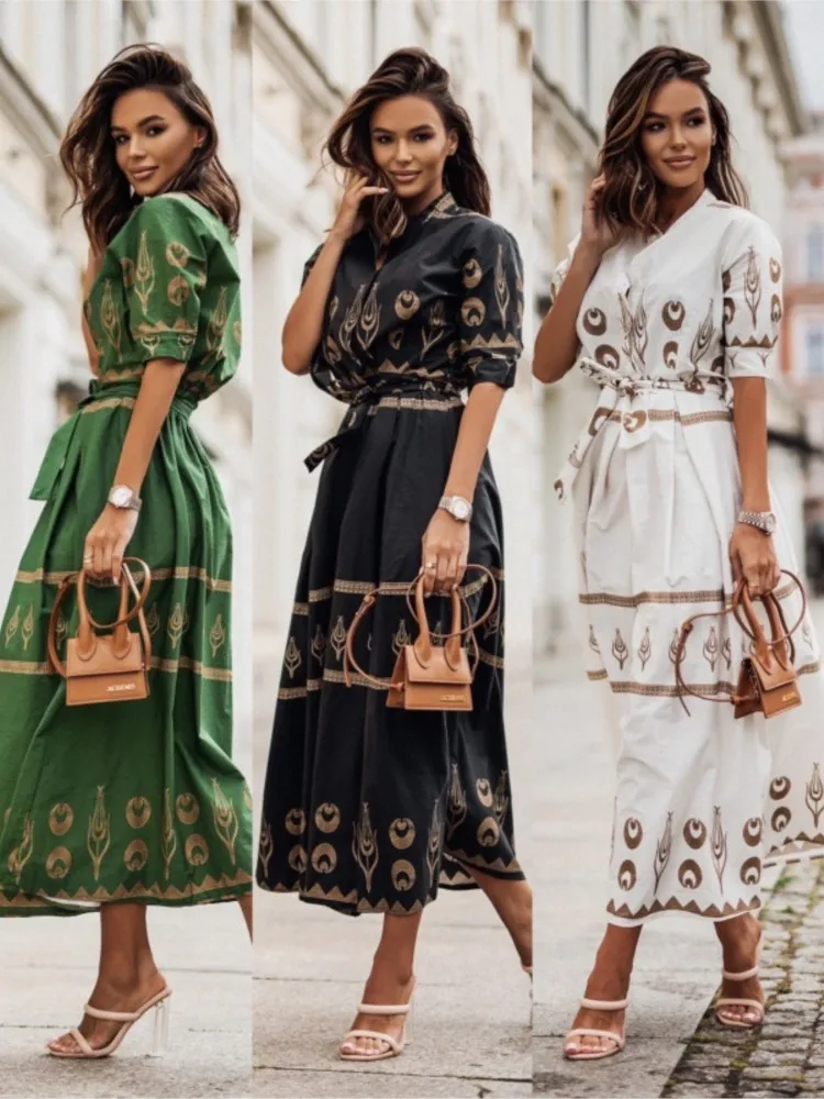 Spring Autumn Women\'s New Short Sleeve Fashion Positioning Flower Linen Lace Belt Mid Length Shirt Ankle Casual Dress