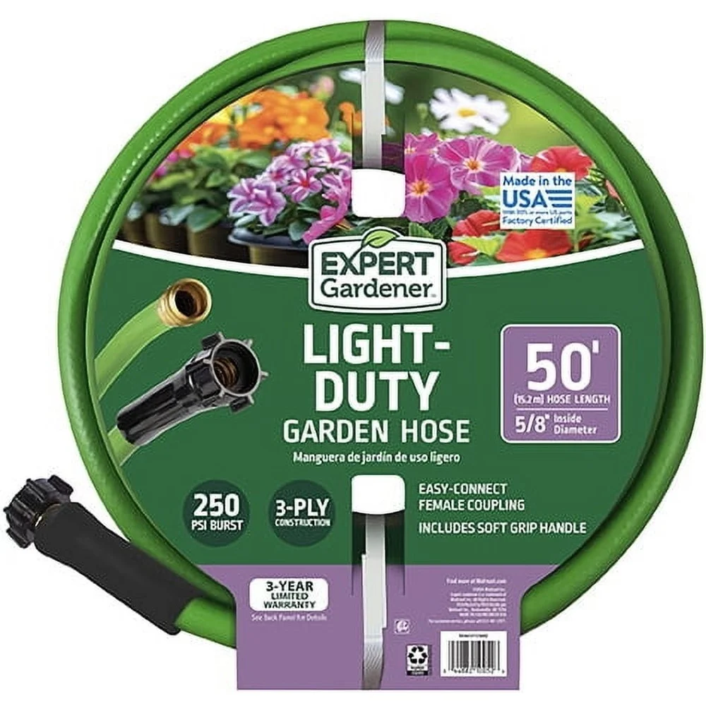 

50FT Light Duty Garden Hose 5/8 Inch Diameter Kink Resistant Vinyl 250 PSI Burst Strength Comfortable Grip Easy Connect UV