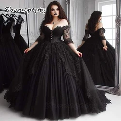 Gothic Black Wedding Dresses Off Shoulder Half Sleeves V-Neck Plus Size Bridal Gown Lace Applique Lace-Up Back Corset Customized