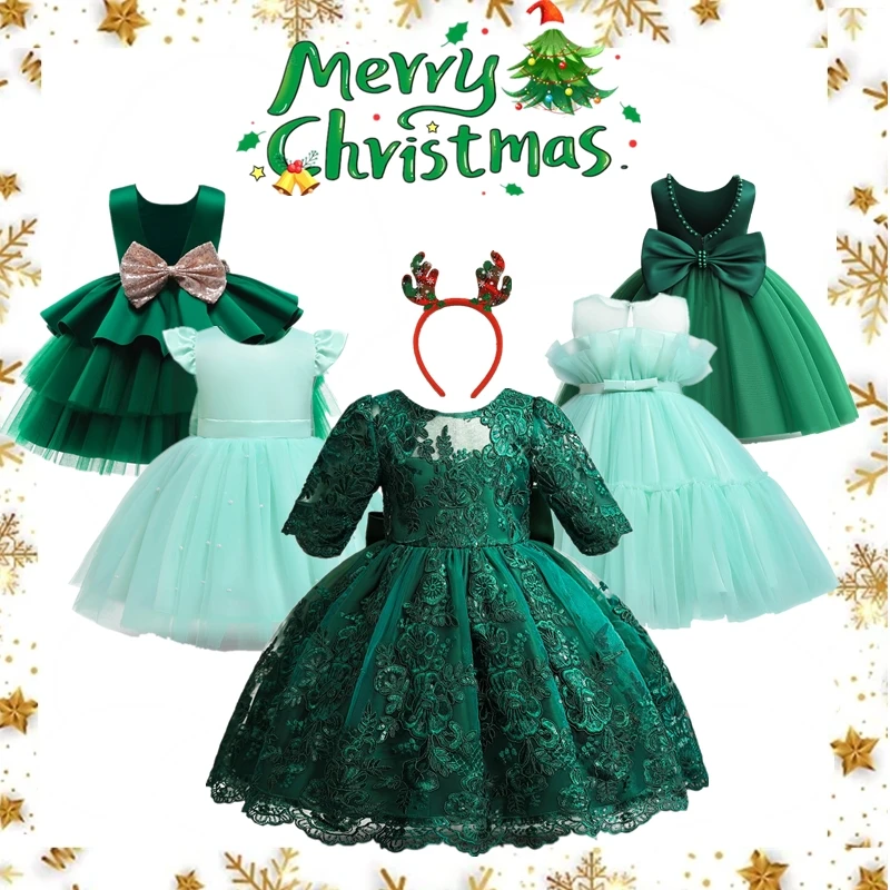 Toddler Girl Christmas Green Dresses for Xmas Evening Dress Children Birthday Party Dress for New Year Costume Wedding Prom Gown