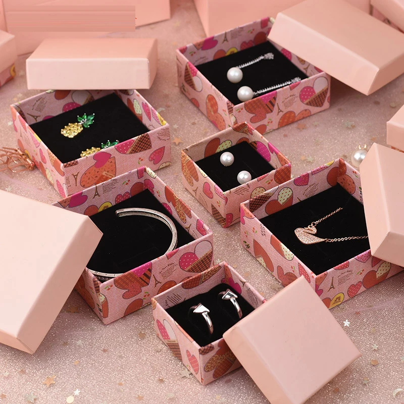 Pink Kraft Paper Jewelry Storage Box Bracelet Necklace Ring Earring Boxes Handmde Wedding Gift Packaging Box Jewelry Display Box