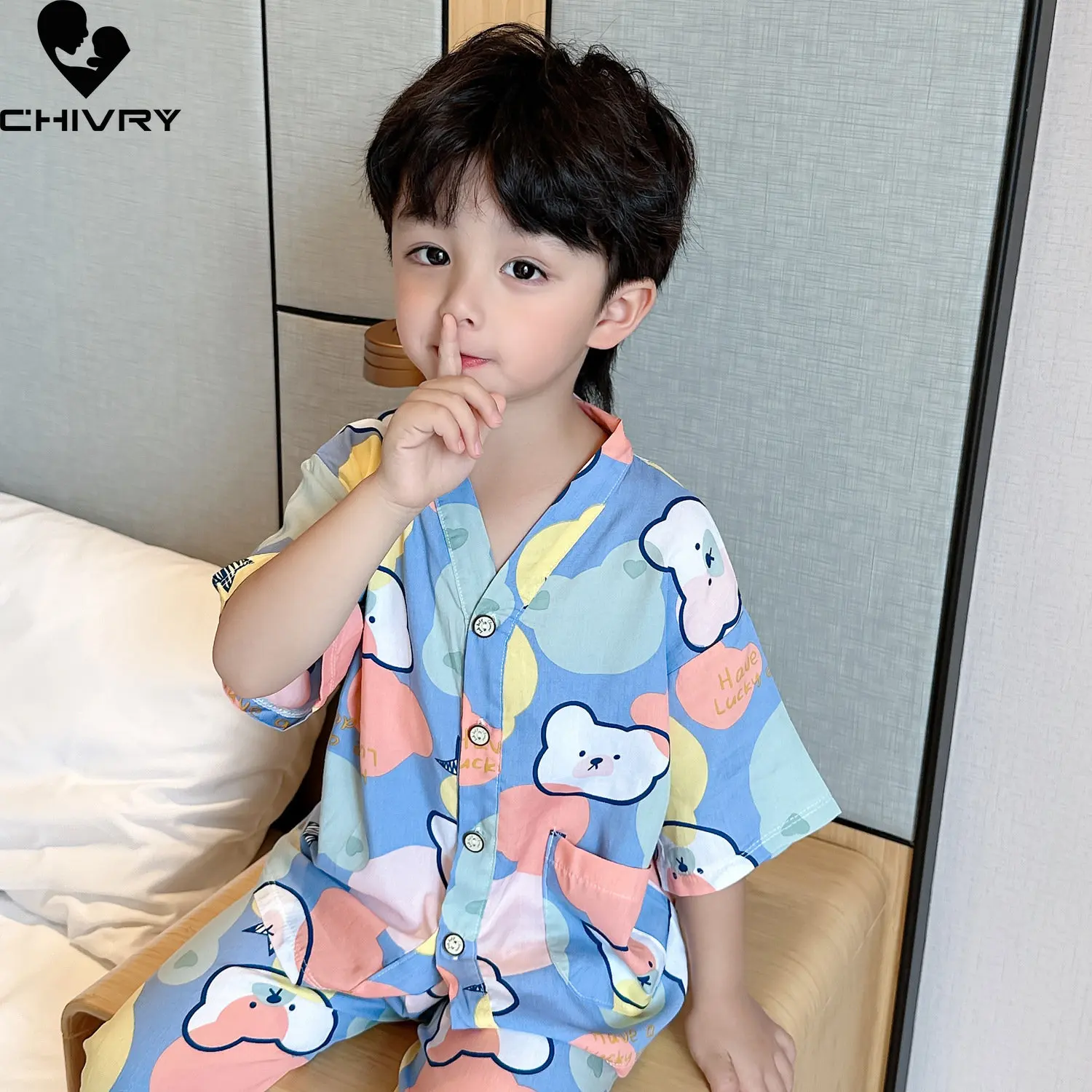 Kids Summer Thin Clothing Sets New 2023 Boys Girls Cartoon Short Sleeve V-neck Cool Shirt Tops with Pants Baby Pajamas Homewear