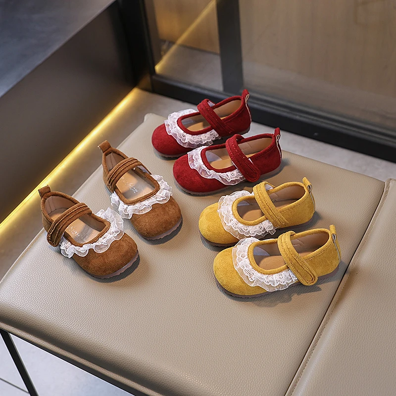 Chaussures en cuir pour filles, Style rétro, pour princesse, décontractées, à la mode, en dentelle plissée, plates, printemps-automne