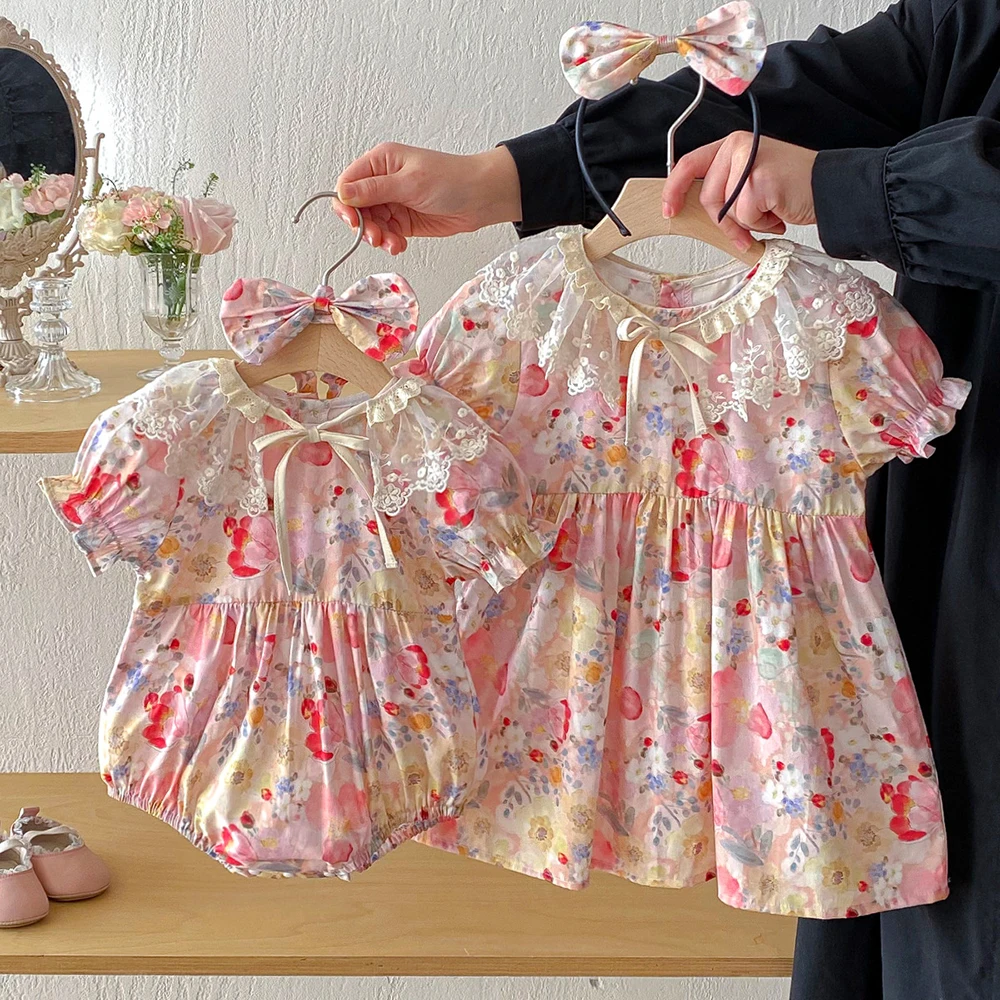 

Детский комбинезон для девочек с пышными рукавами и кружевной отделкой, пастельные цвета, с цветочным принтом, новинка 2026 года, летний, для дня рождения