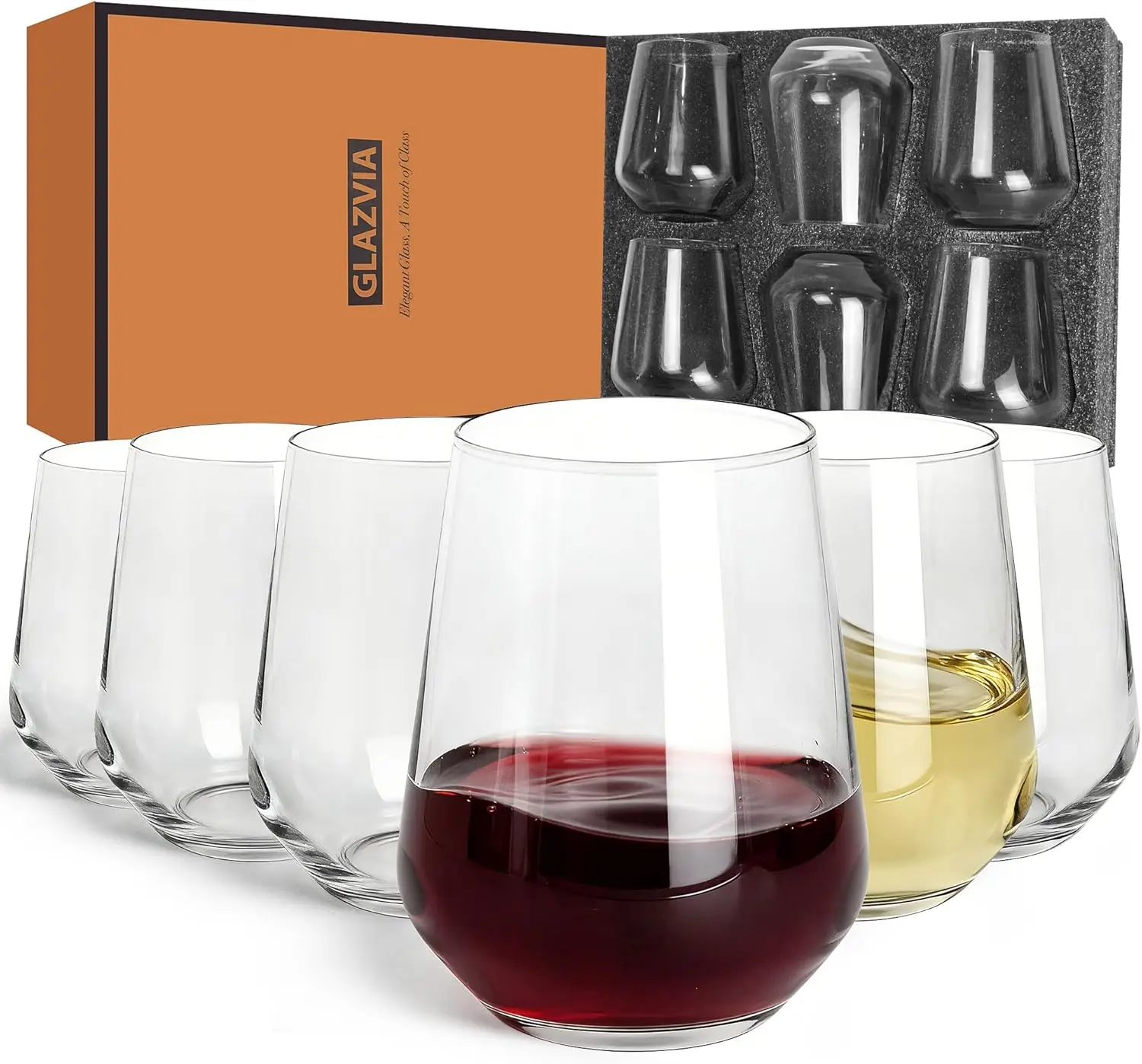 

Stemless Wine Glasses Set of 6, 15oz Clear Drinking Glassware Dishwasher Safe, Wine Glass Tumblers for Red or White, Gif