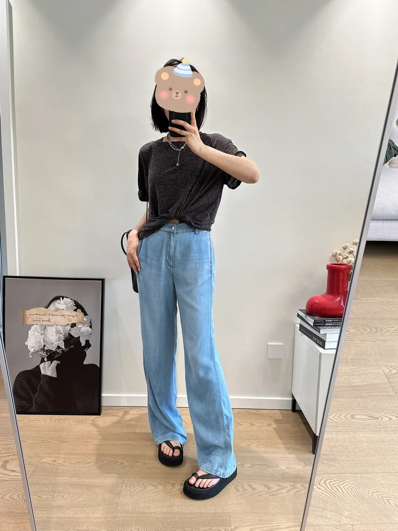 

YN Lightweight Breathable Silk Wide Leg Casual Pants High Waist Straight Cut Long Trousers Summer Faion Ladies Jeans