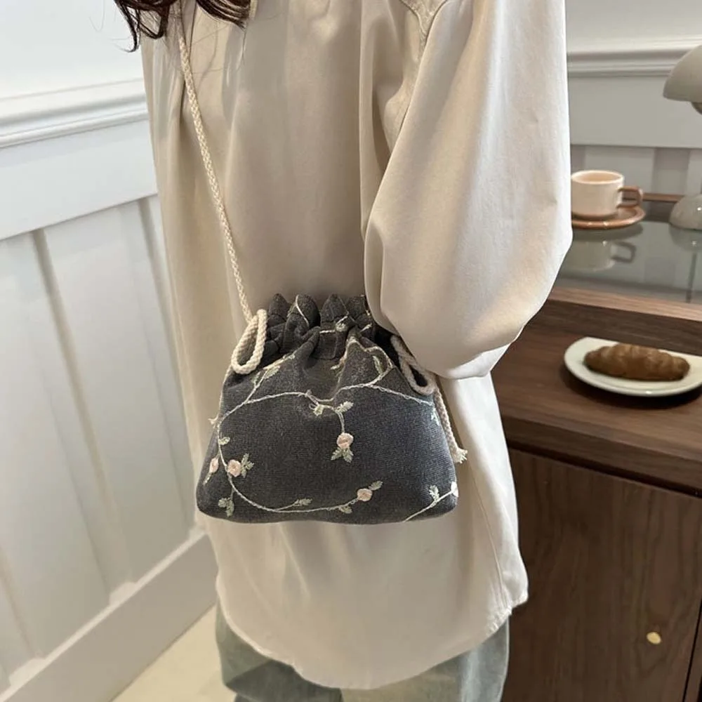 Breathable Crossbody Drawstring Bag Hanfu Accessories Portable Chinese Bundle Pocket Pink Black Shoulder Embroidery Flower Bag