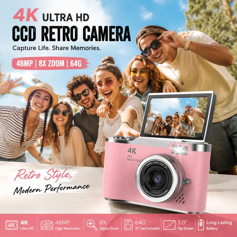4K Digital Camera 8X Zoom Portable CCD Camera 180 Flip Screen Compact Small Camera Video Recorder for Teens Adult Beginner