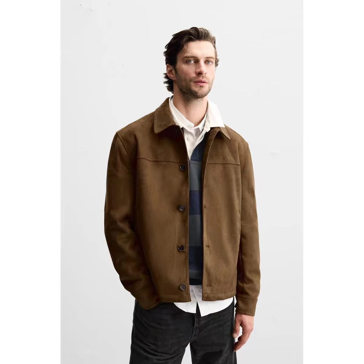 

Мужская приталенная куртка из замши с прямым кроем, весна-осень, модная городская повседневная верхняя одежда с длинными рукавами и прямым воротником